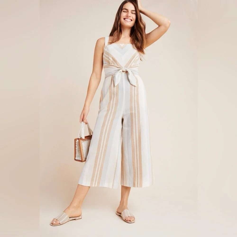 Anthropologie Savannah striped Jumpsuit Womens 10 Tan Striped Linen Wide Leg